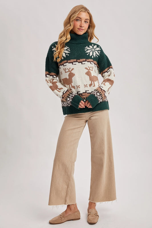 Fair Isle Turtle Neck Reindeer Knit Sweater For Holiday