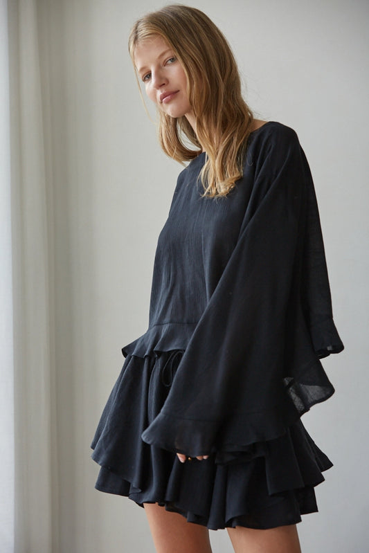 Woven Rayon Nylon Round Neck Long Sleeve Top