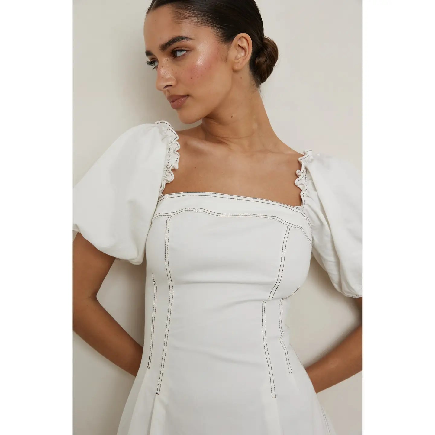 Balloon Sleeve Square Neck Midi Dress