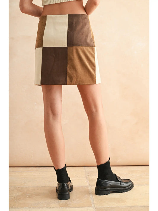 Patch Work Effect Suede Skirt