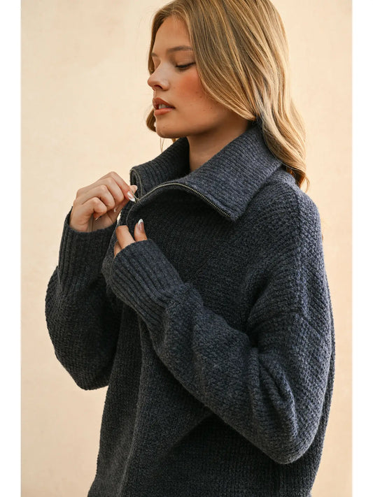 Waffle Pattern Half Zip Up Sweater Top