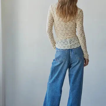 Knit Nylon Spandex Floral Lace V-Neck Long Sleeve