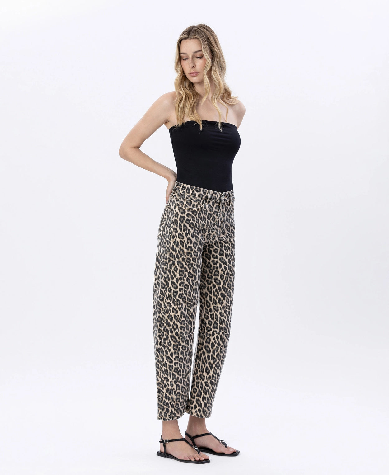 High Rise Leopard Print Barrel Jeans