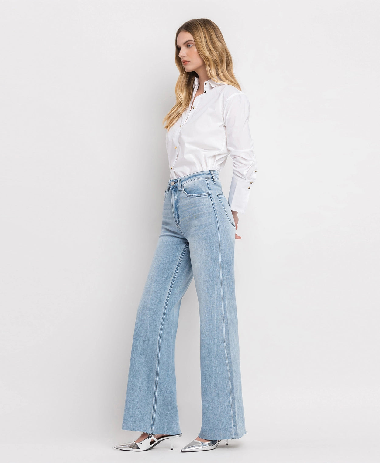 Super High Rise Clean Cut Raw Hem Wide Leg Jeans
