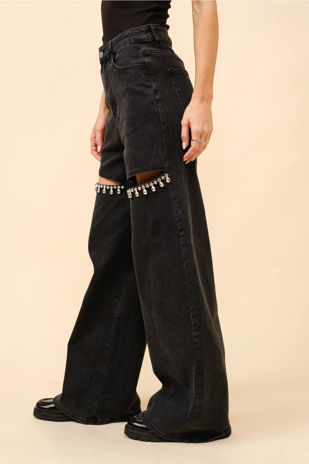 Mid Rise Crystal Slit Bottom Denim Jeans