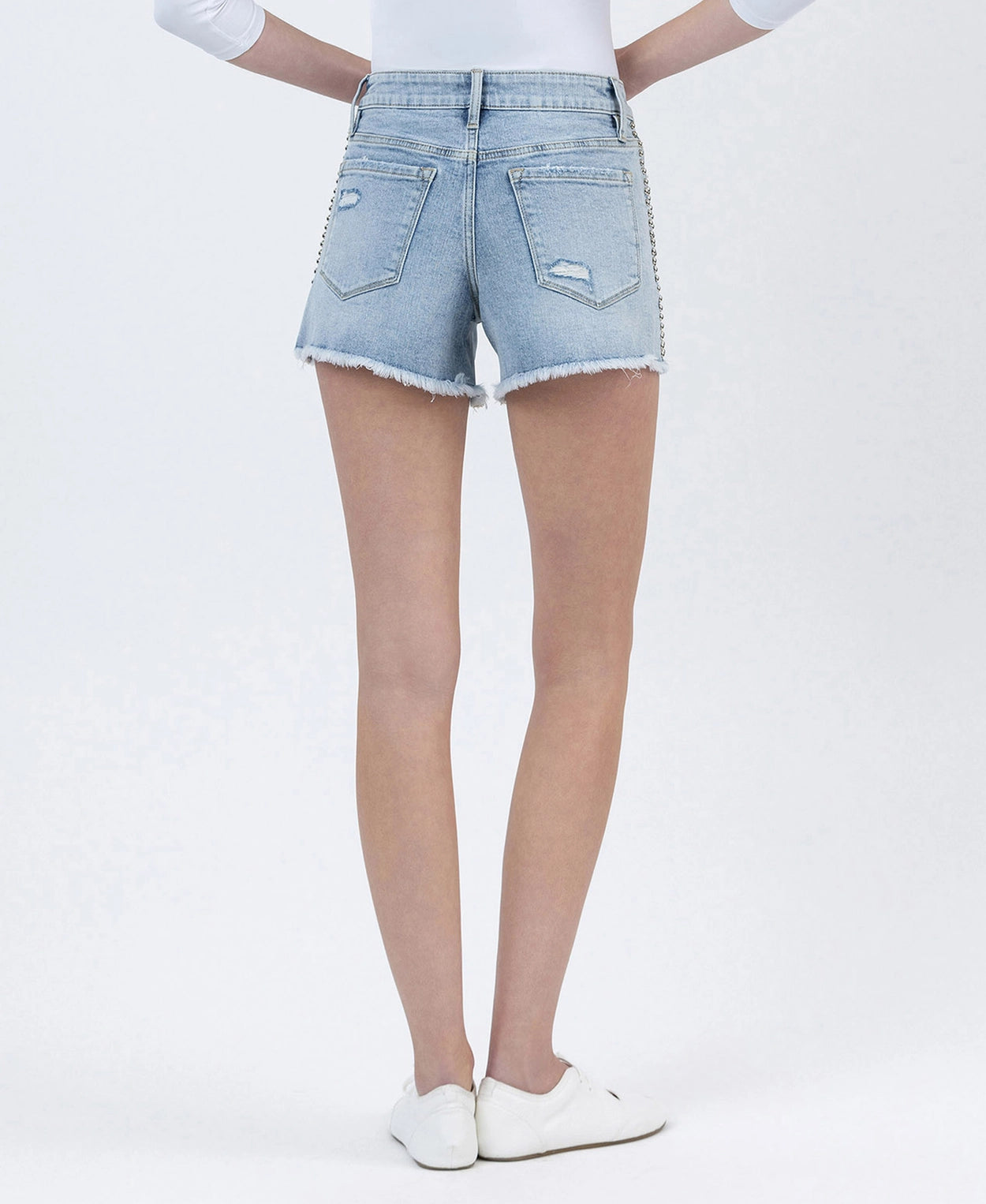 High Rise Distressed Studded Denim Shorts