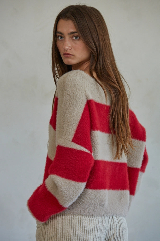 Knit Sweater Nylon Polyester Striped V-Neck Pullover