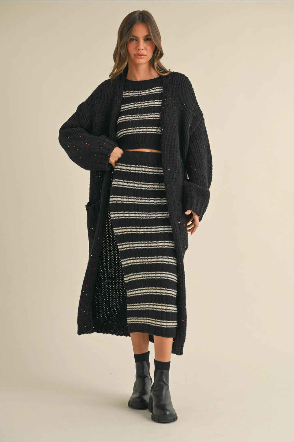 Multi Color Sequins Long Chunky Knit Cardigan