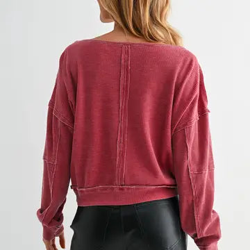 Raw Edge Waffle Knit Boatneck Pullover