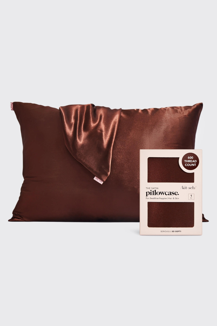 cocoa satin pillow case with a satin pillow case wrapped over it and a case in its box
