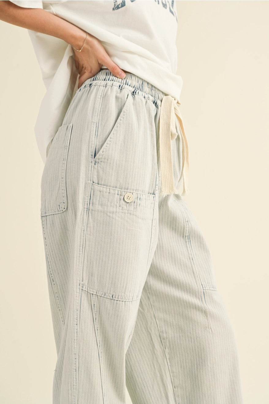 Stripe and Washed Effect Barrel Shape Pants