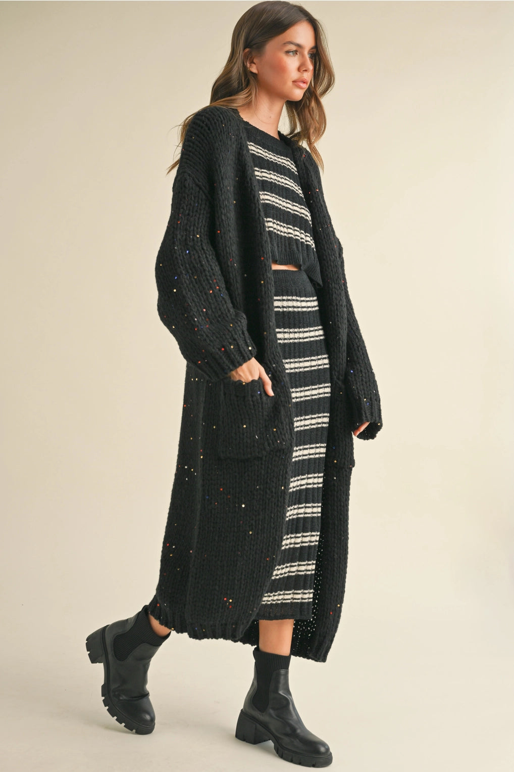 Multi Color Sequins Long Chunky Knit Cardigan
