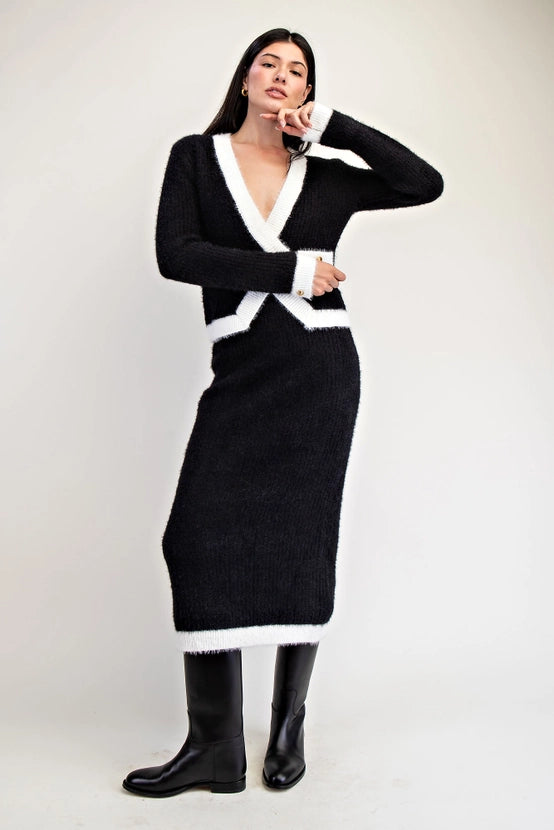 Fuzzy Sweater Midi Skirt with Contrast Edge Detail