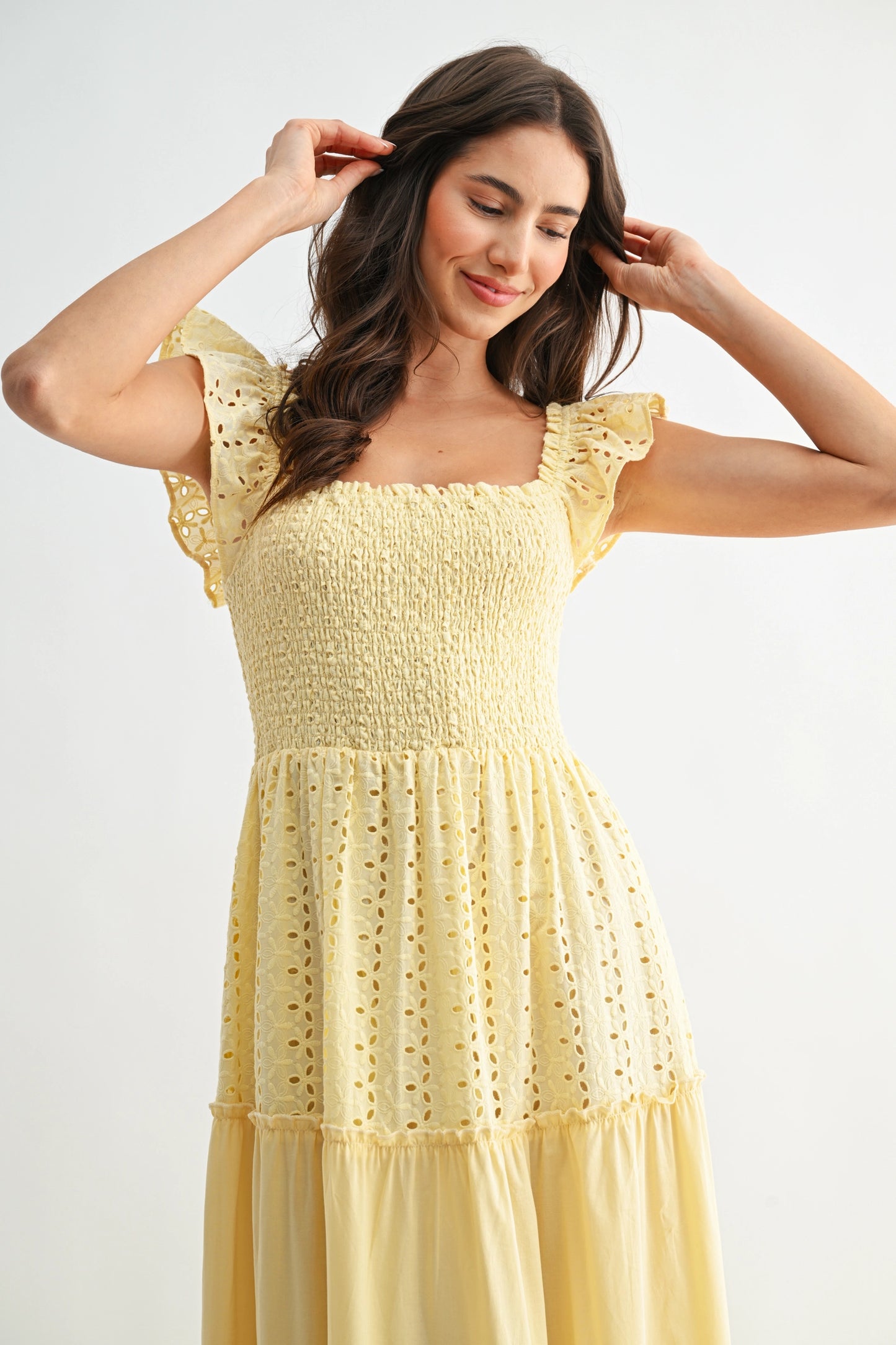 Sunshine Smocked Maxi Dress Eyelet Ruffle Sleeves