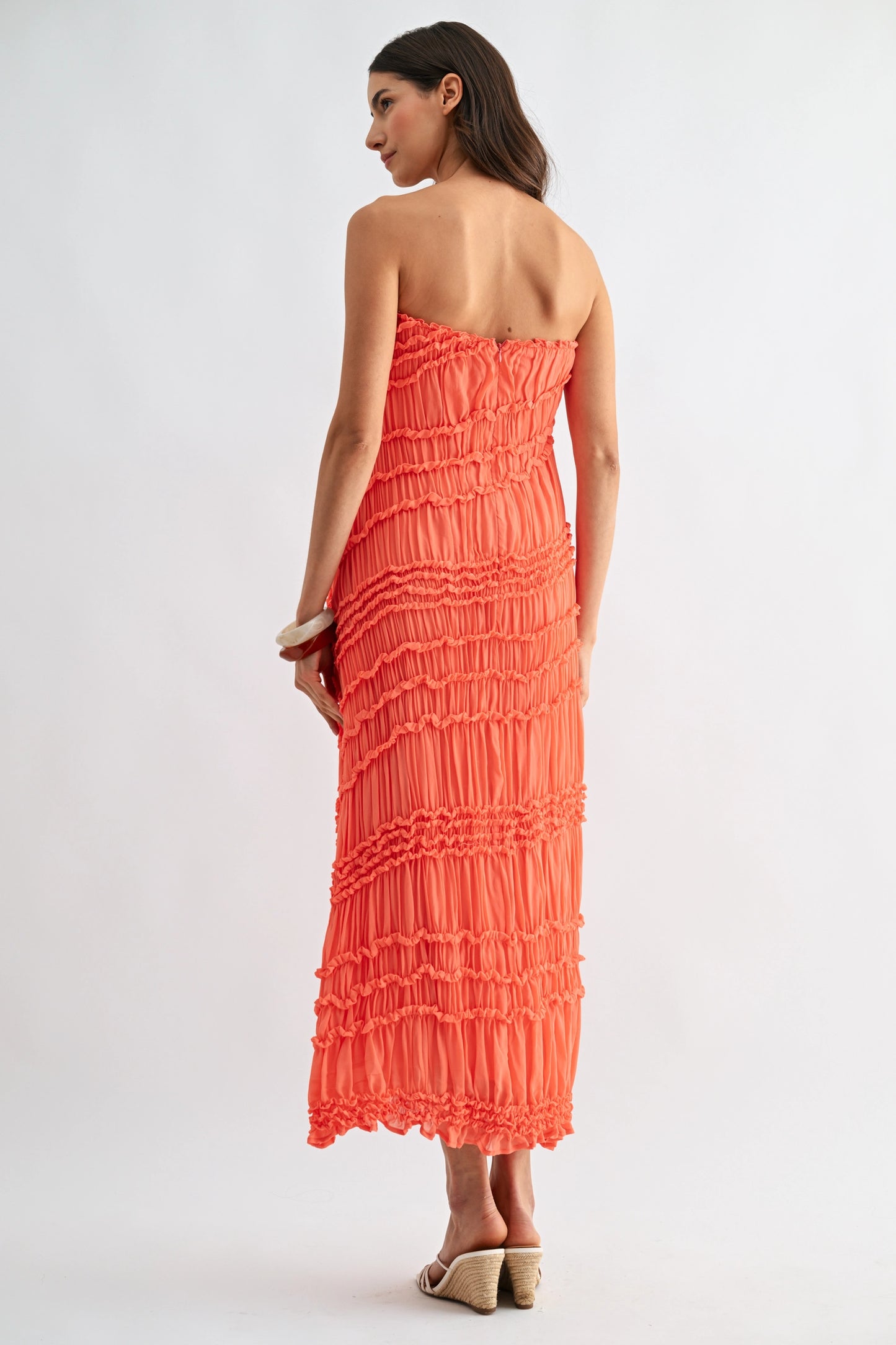 Strapless Textured Pleated Maxi Dress