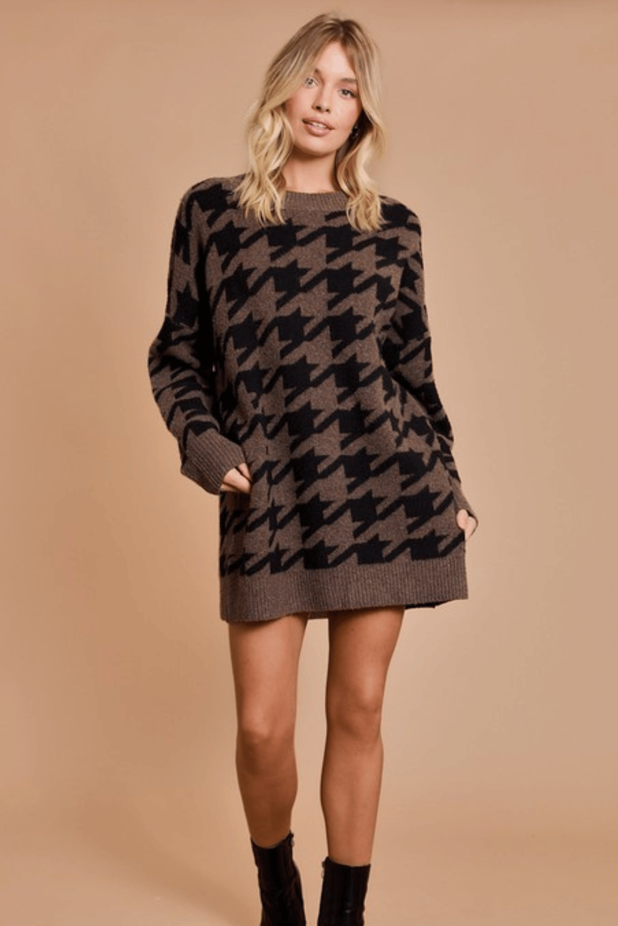 Oversized Houndstooth Print Sweater Dress
