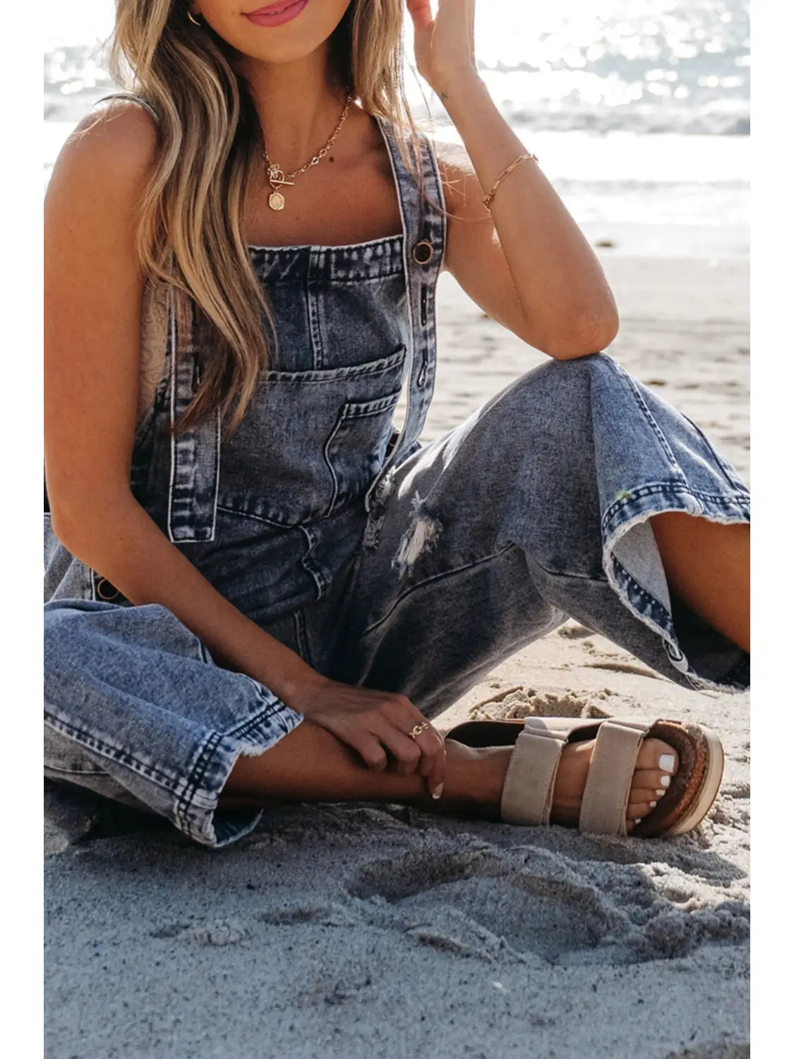 Distressed Pocketed Wide Leg Capri Denim Overall