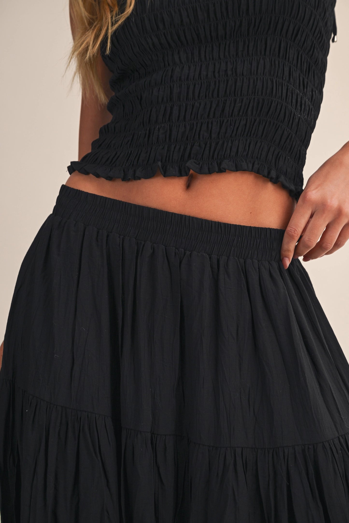 Smocking Top Crinkled Maxi Skirt Set