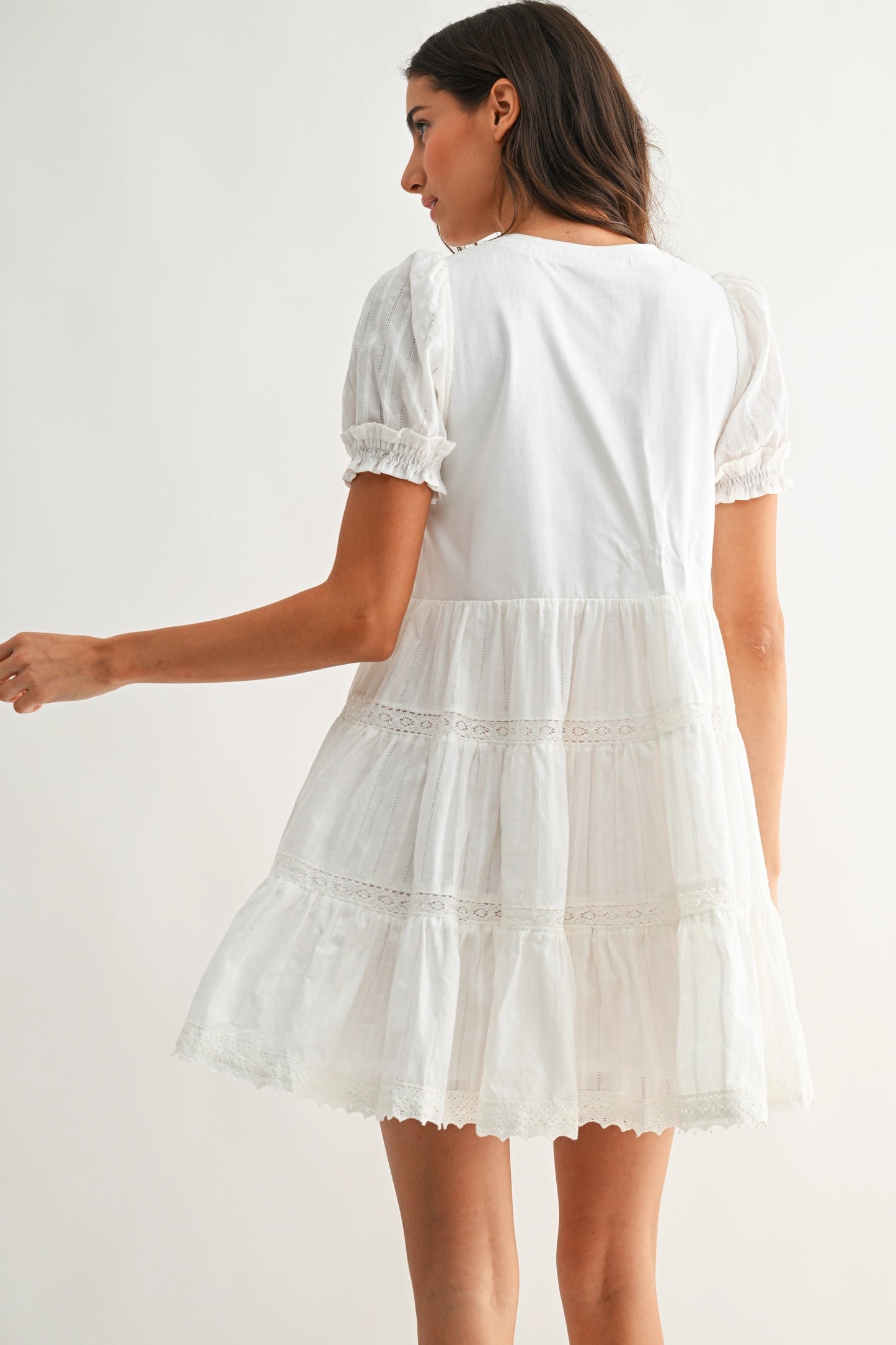 Button-Front Mini Dress with Puff Sleeves