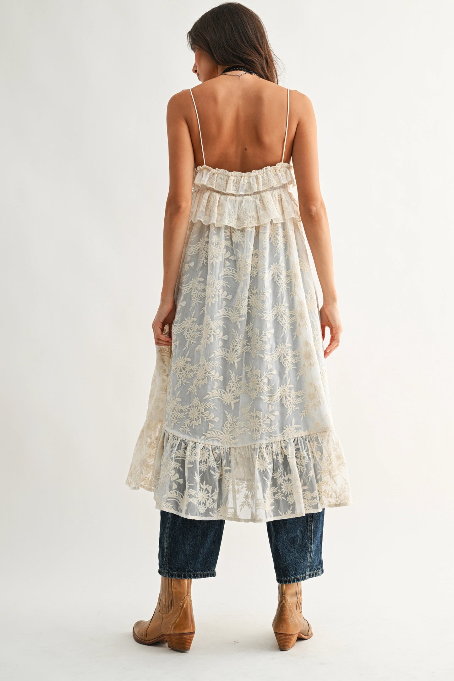 Sheer Floral Lace Ruffle Cover Up Top