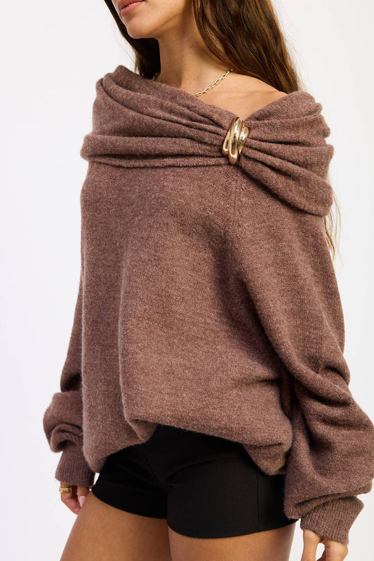 Off the Shoulder Bubble Sweater with Hardware Detail