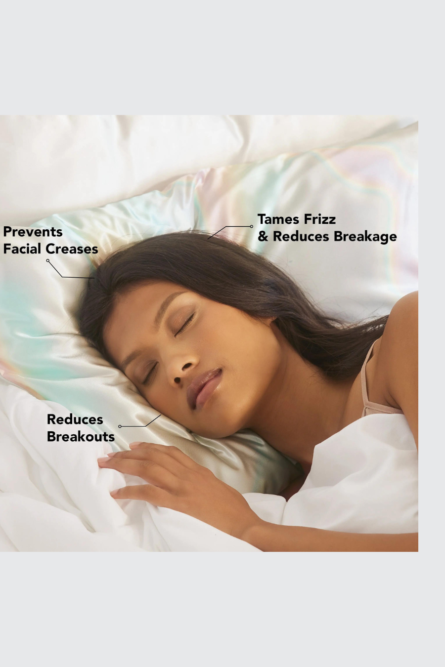 girl sleeping on satin pillow case, the benefits of using a satin pillow case are listed 