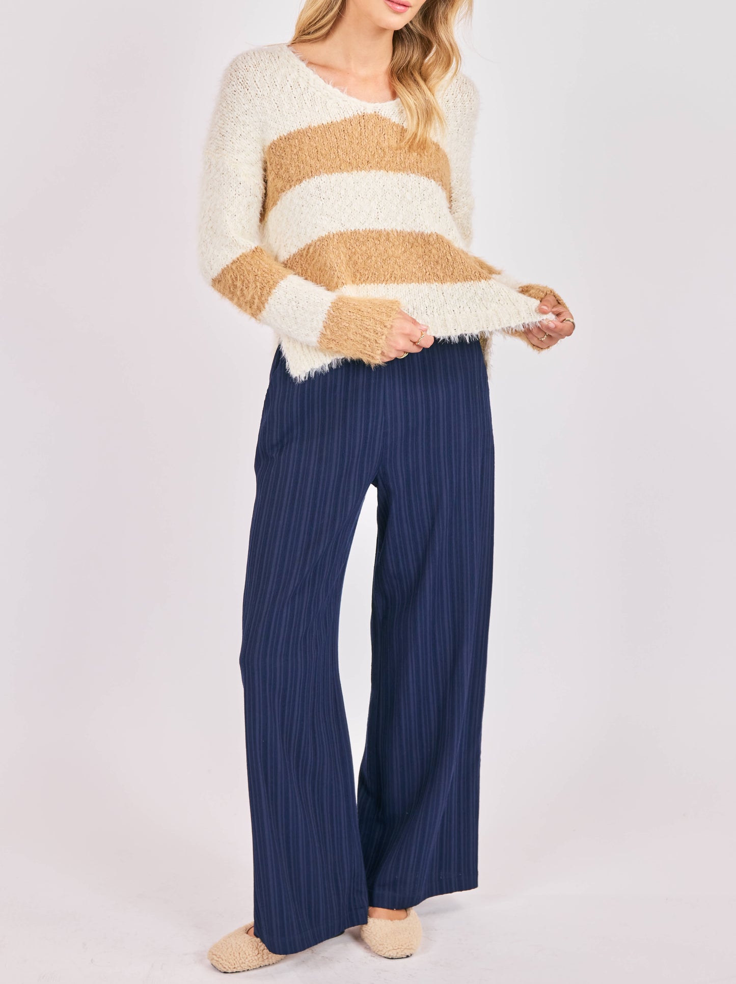 Fuzzy V Neck Stripe Sweater