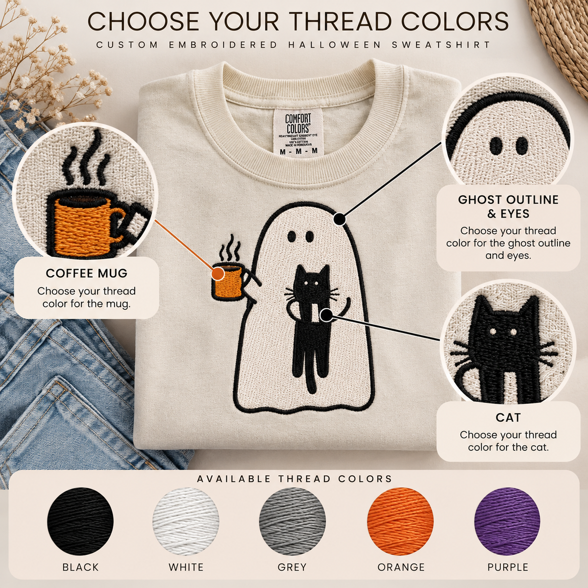 Coffee Ghost & Cat β Custom Embroidered Halloween Sweatshirt