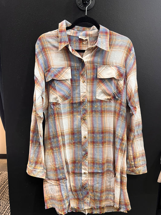 Rolled Up Sleeve Washed Plaid Shirt Dress