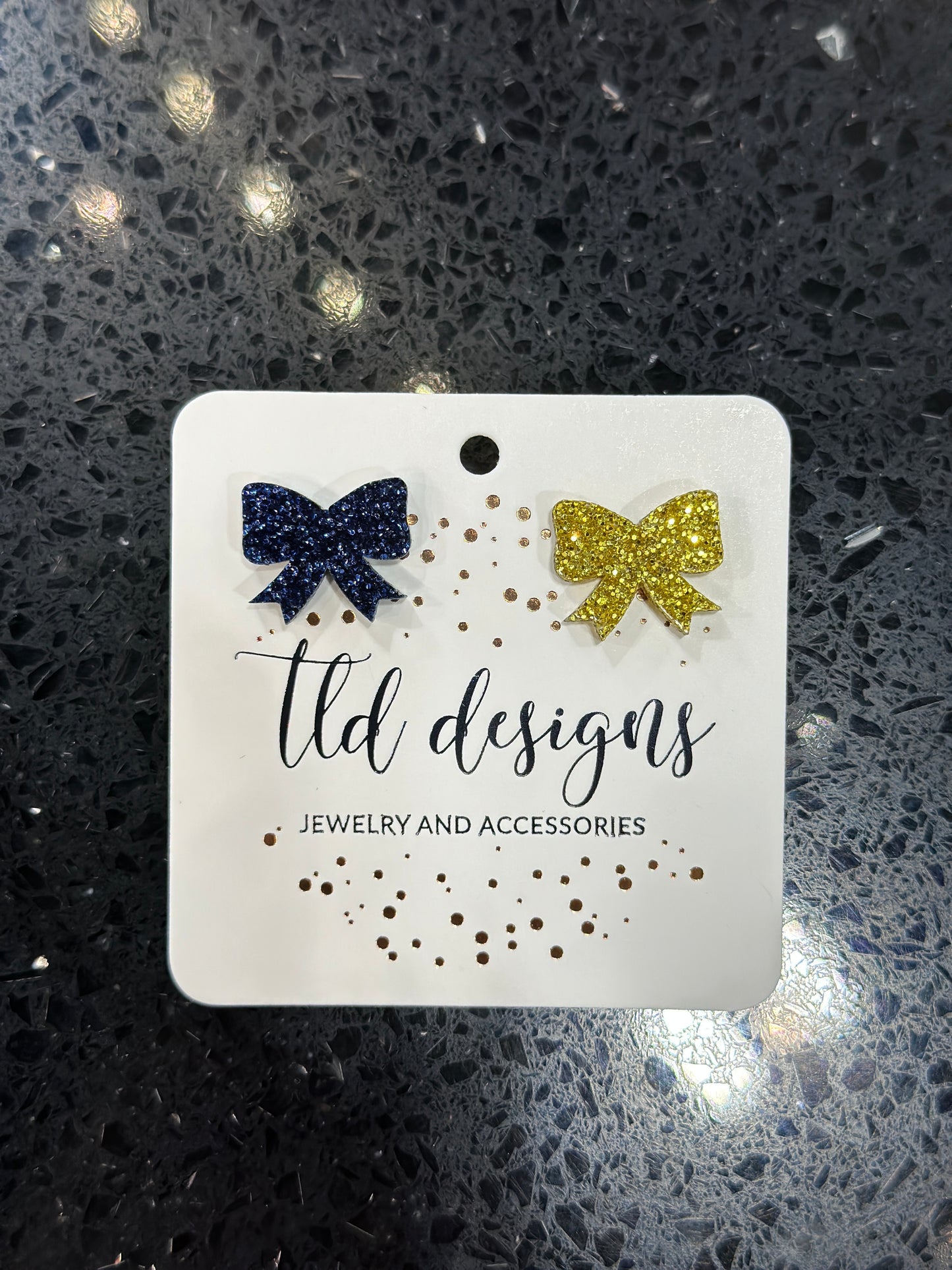 Navy and Gold Glitter Bow Stud Earrings