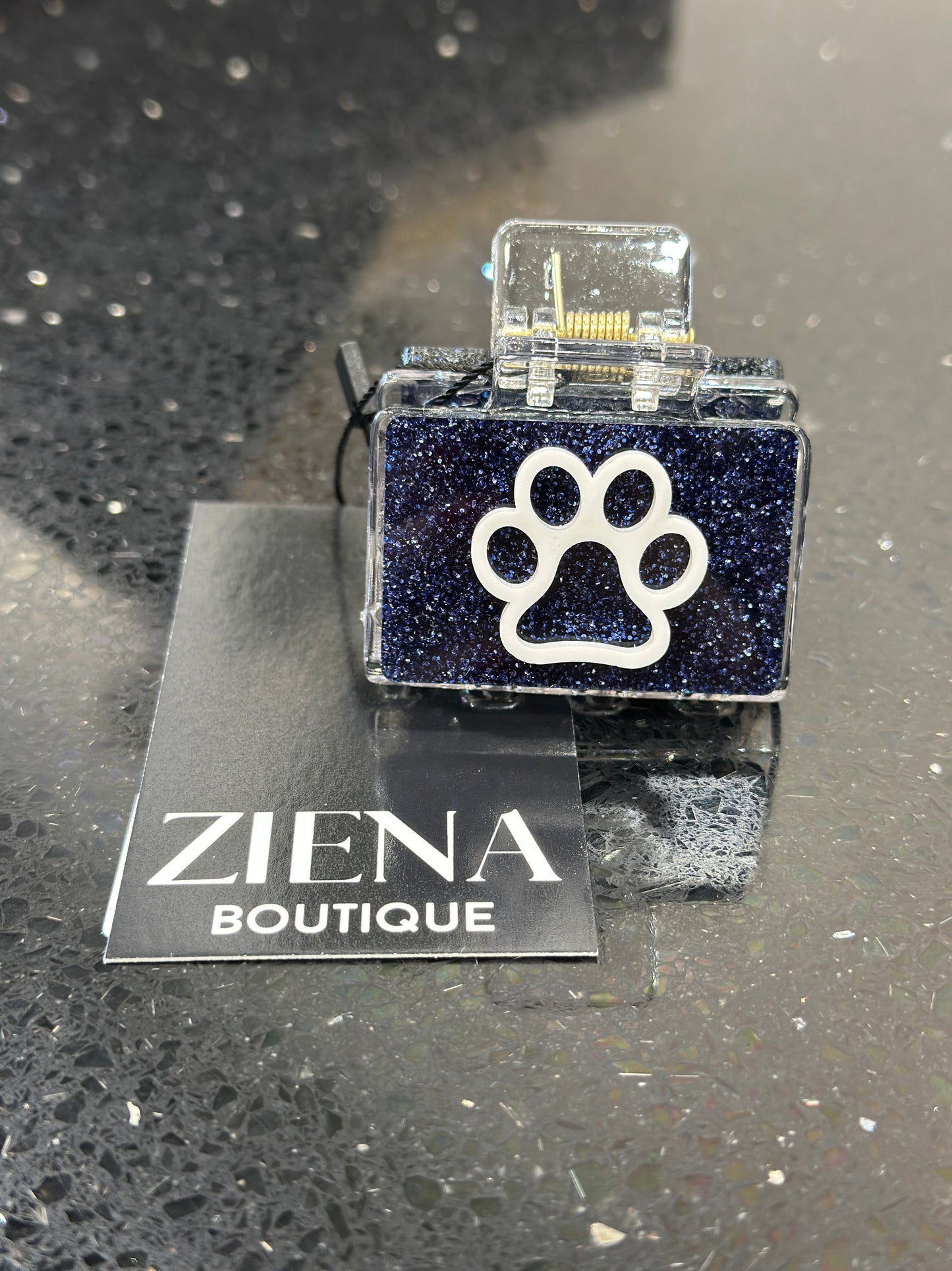 Navy Glitter with White Paw Small Hairclip