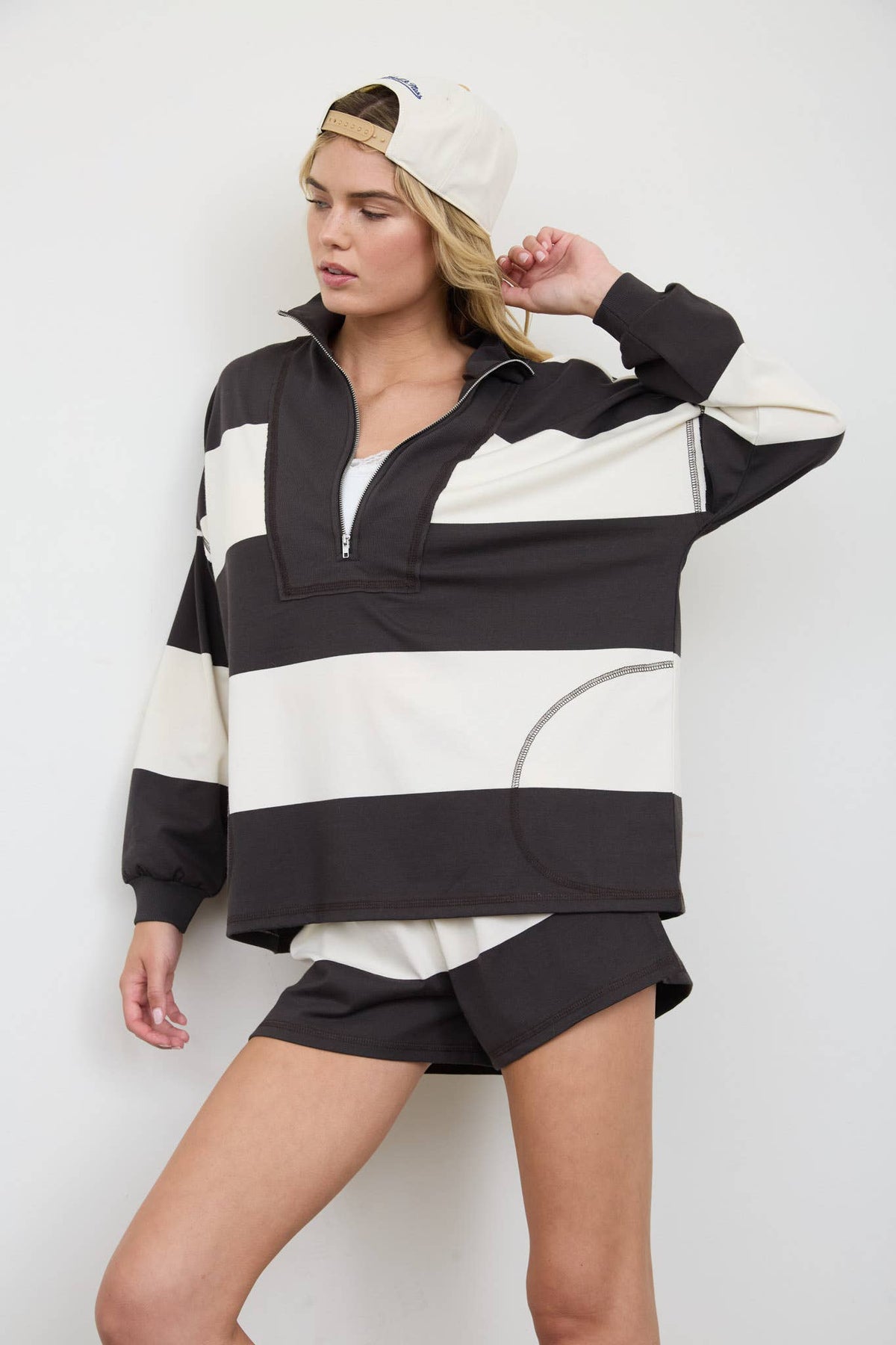 Wide Stripe Half Zip Long Sleeve Knit Top