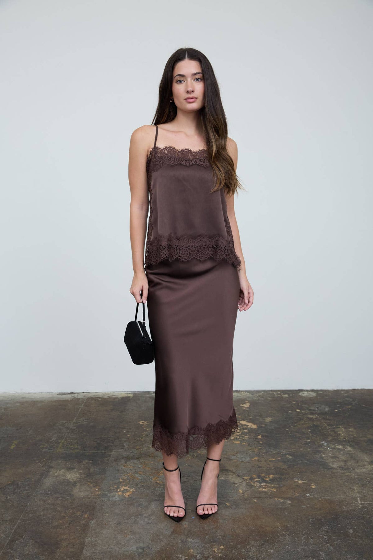 Satin Lace Hem Back Slit Pencil Midi Skirt