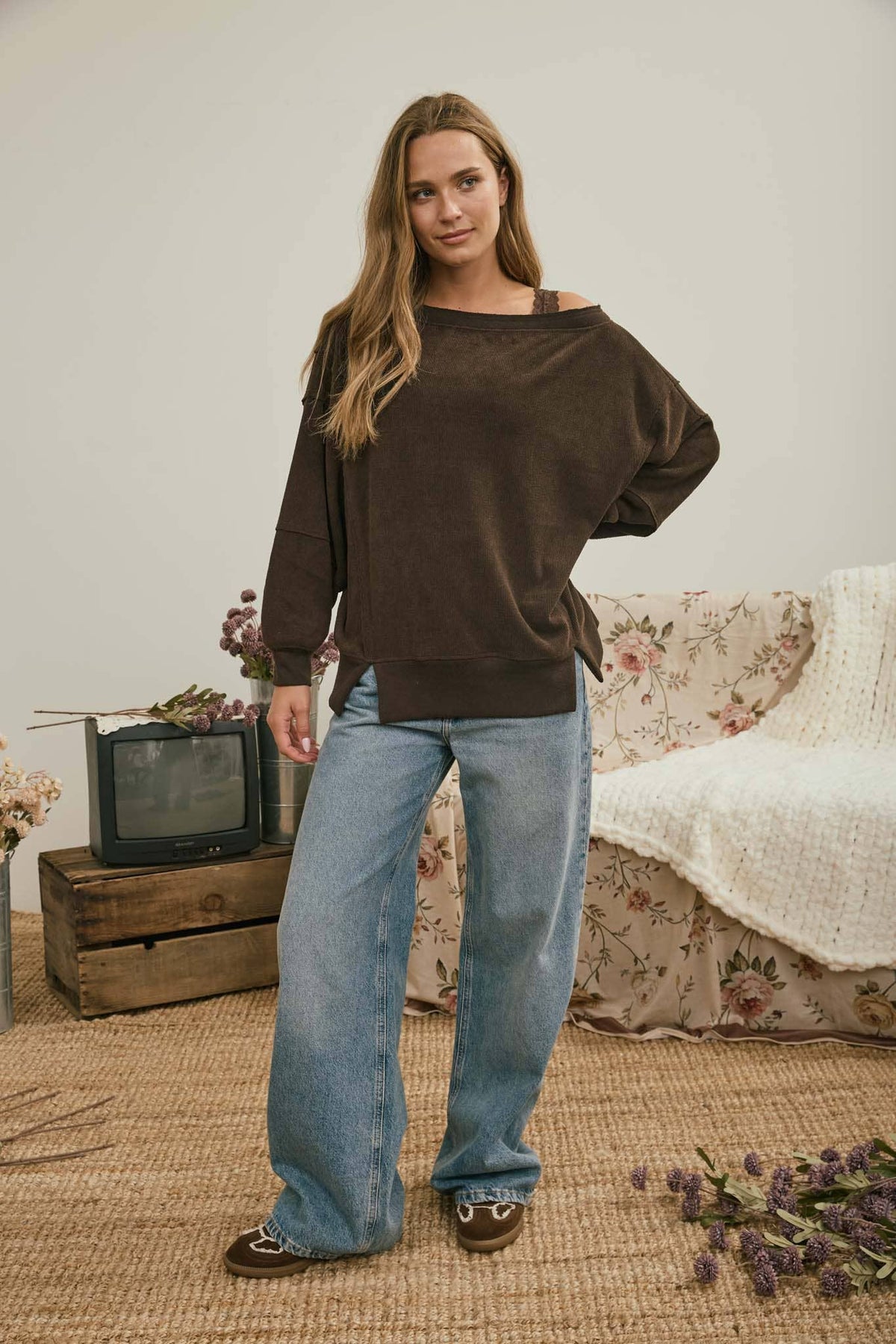 Tiered Sleeve Boat Neck Exposed Seam Knit Top