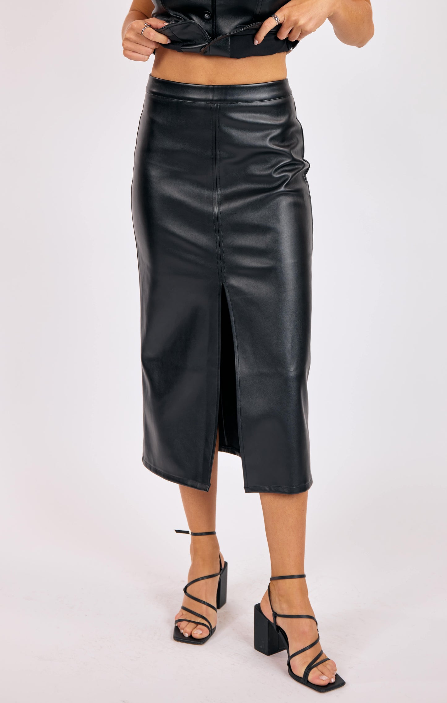 Vegan Leather Midi Pencil Skirt