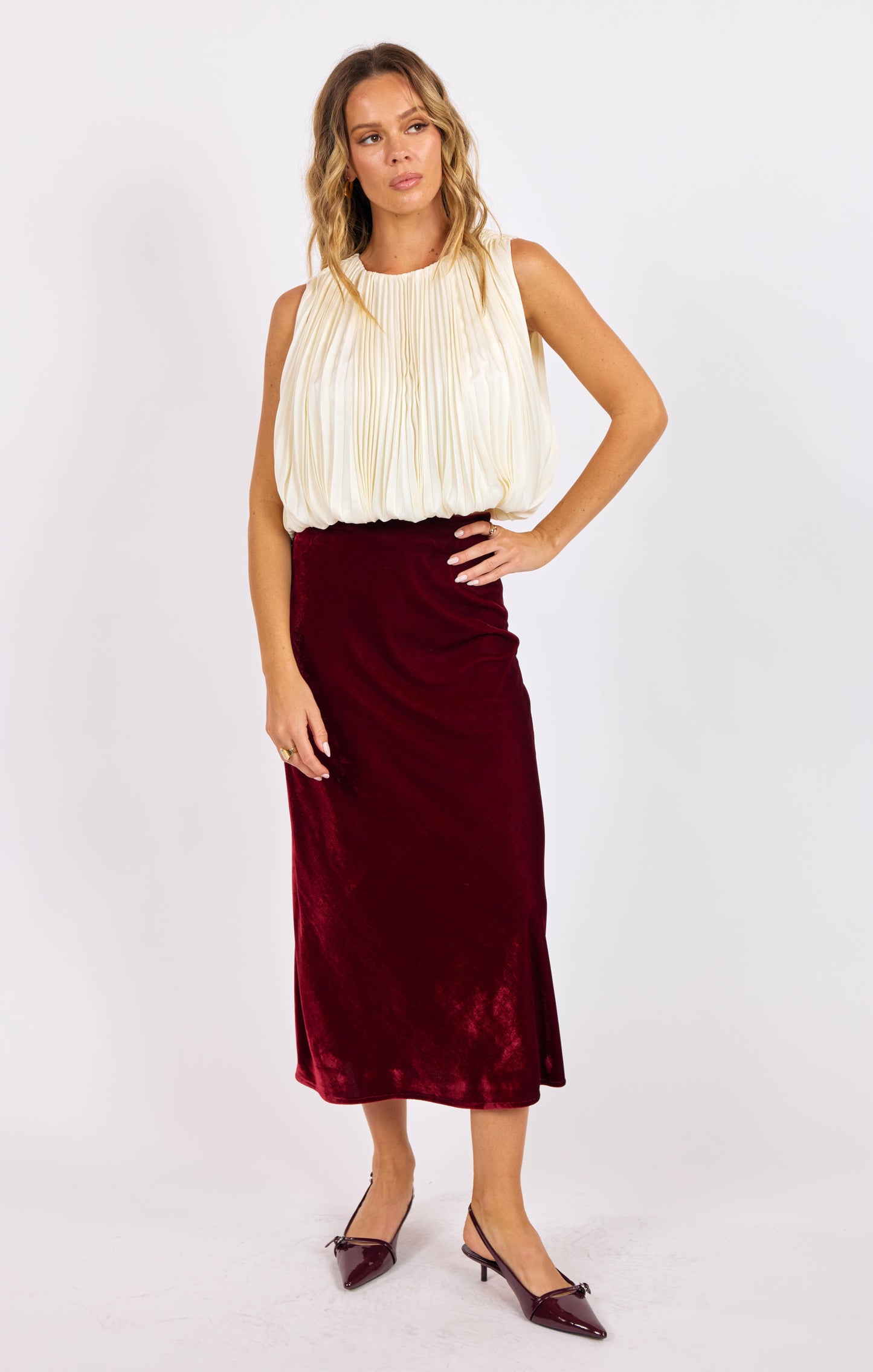 Stretch Velvet Midi Skirt