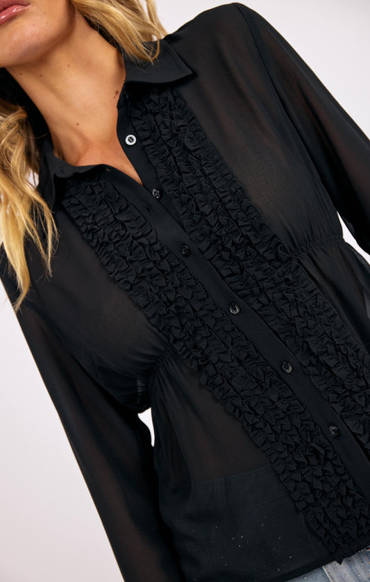 Sheer Ruffle Tuxedo Blouse