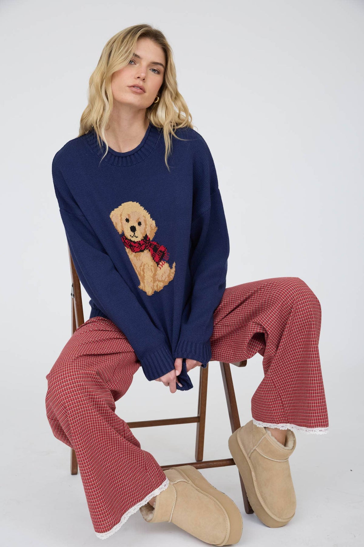 Intarisia Puppy Crew Neck Relaxed Sweater