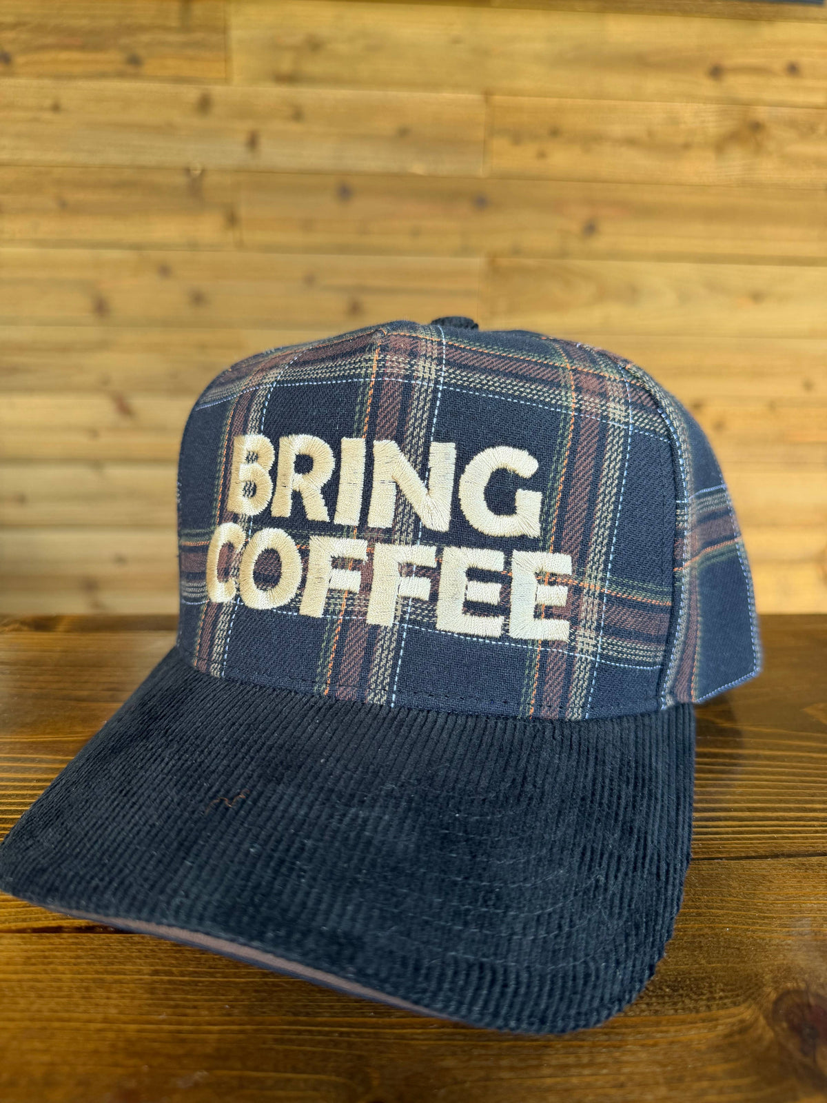 "Bring Coffee" Plaid Trucker Hat