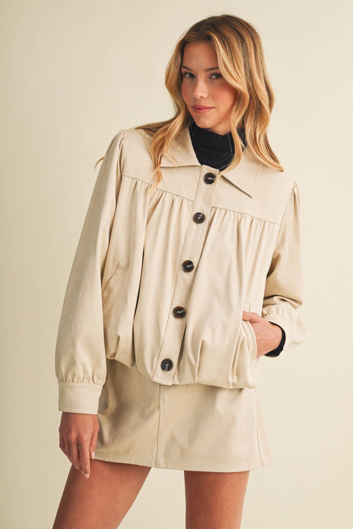 Faux Suede Gathered Yoke Blouson Jacket