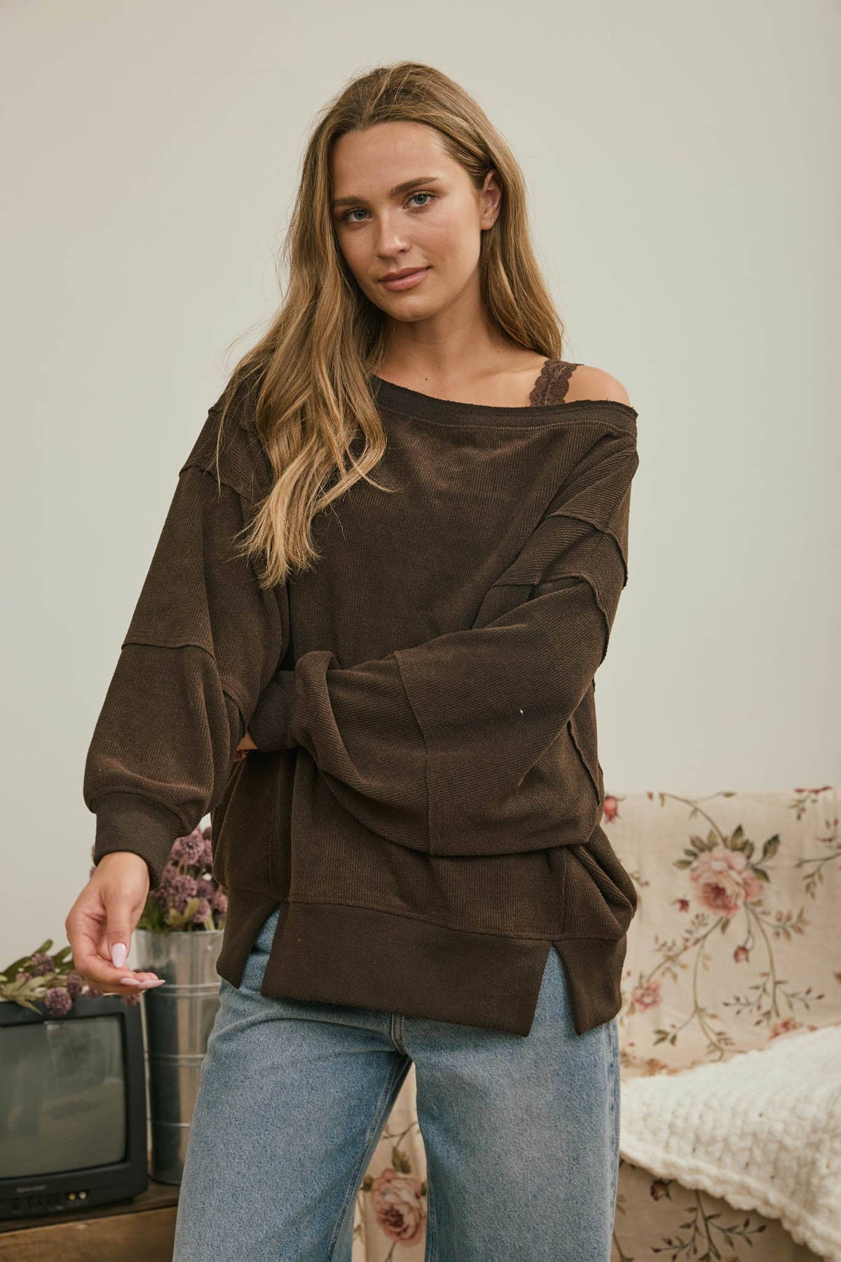Tiered Sleeve Boat Neck Exposed Seam Knit Top
