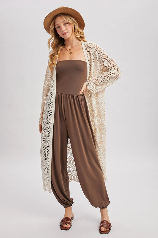 Boho Long Line Side Slit Crochet Cardigan