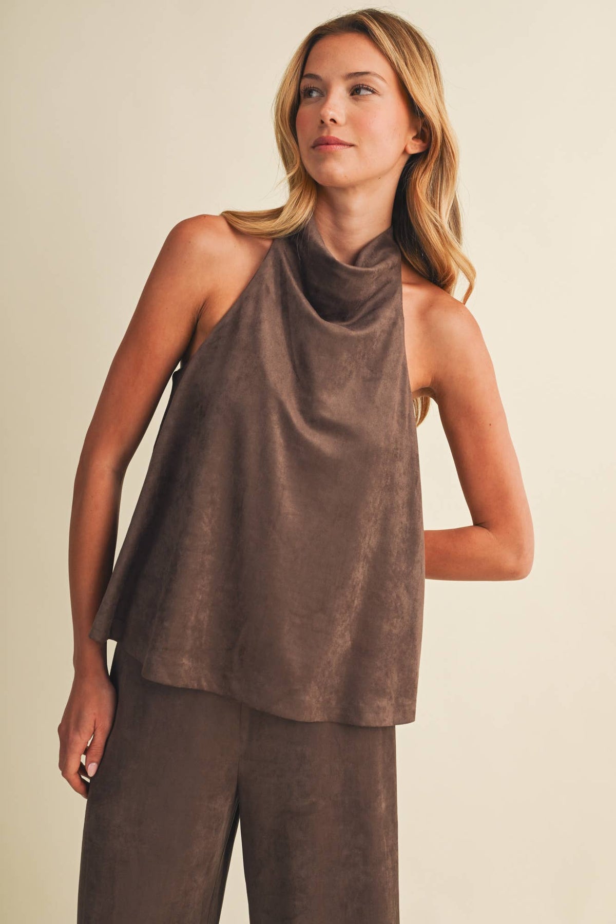 Mocha Suede Cowl Neck Top