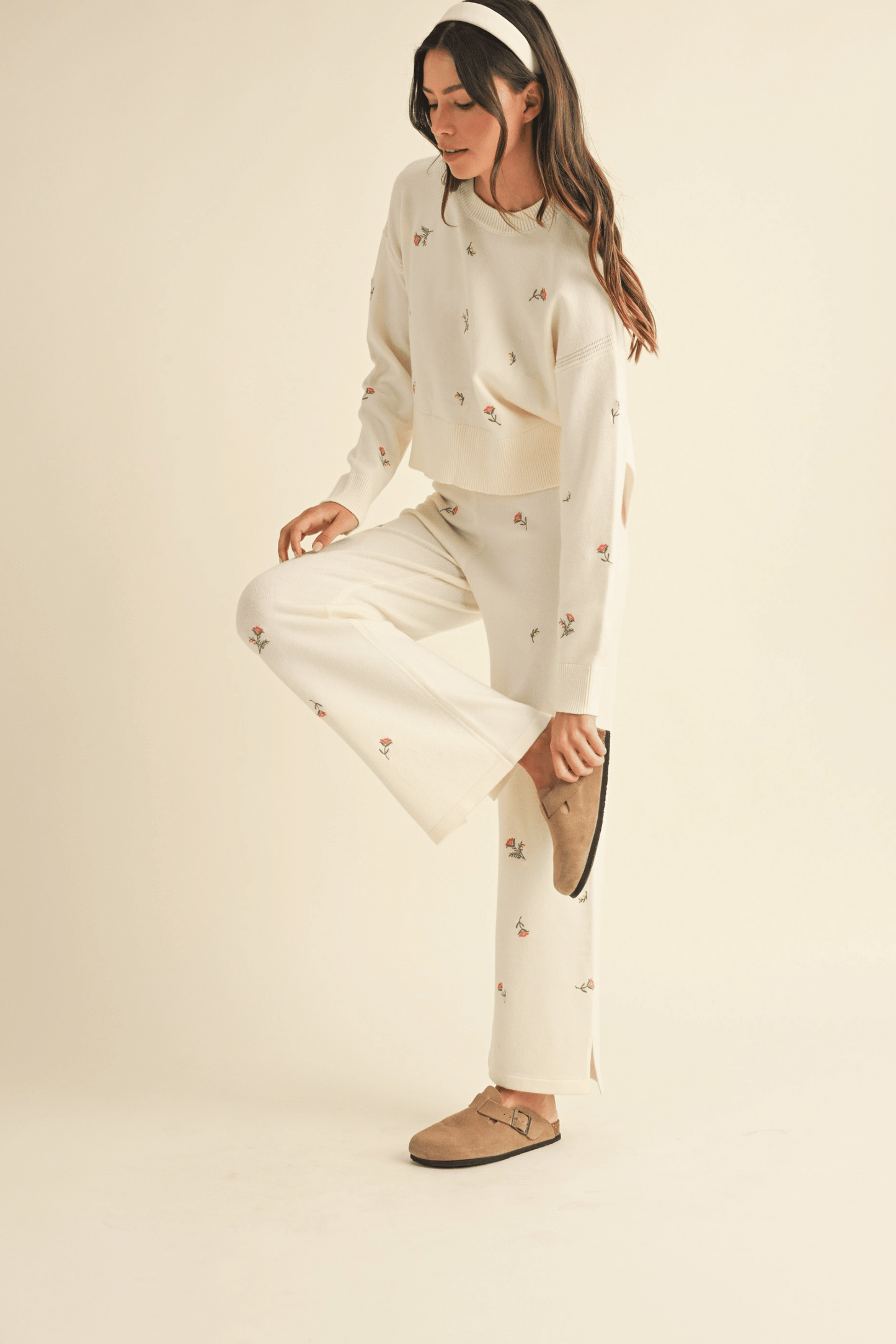 Embroidered Floral Knit Sweater and Pants Set