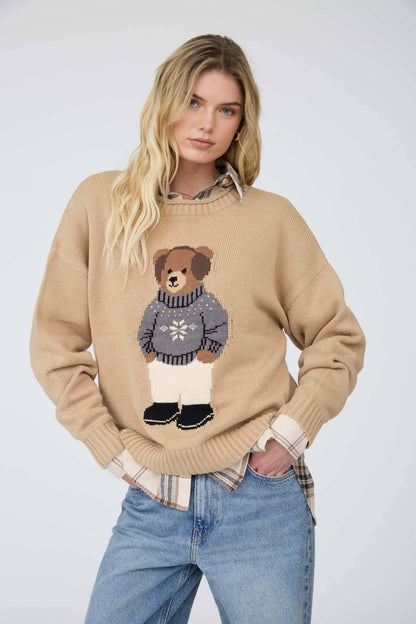 Teddy Bear Crew Neck Intarsia Knit Sweater