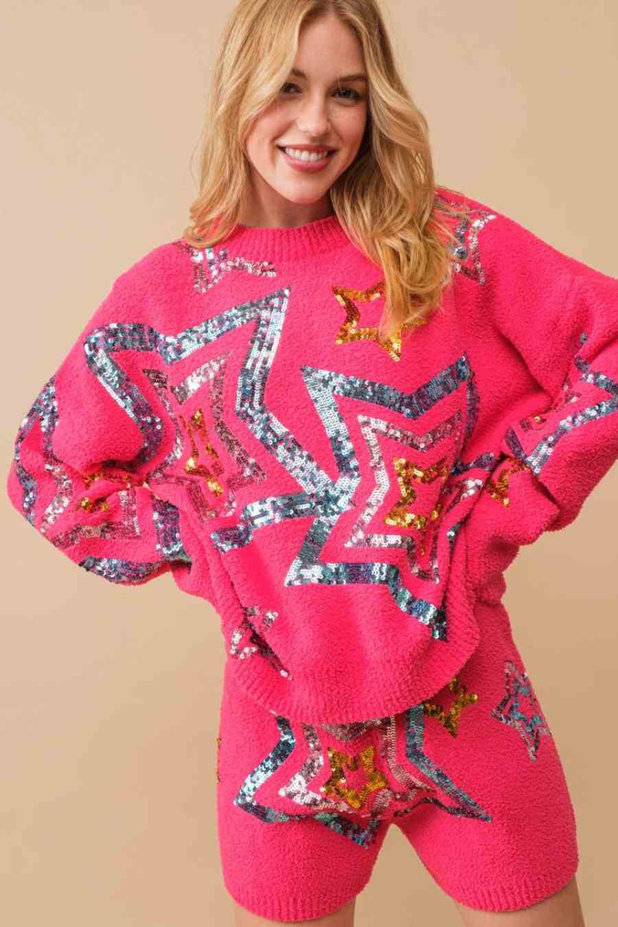 Cozy Soft Sequin Star Sweater with Shorts Set
