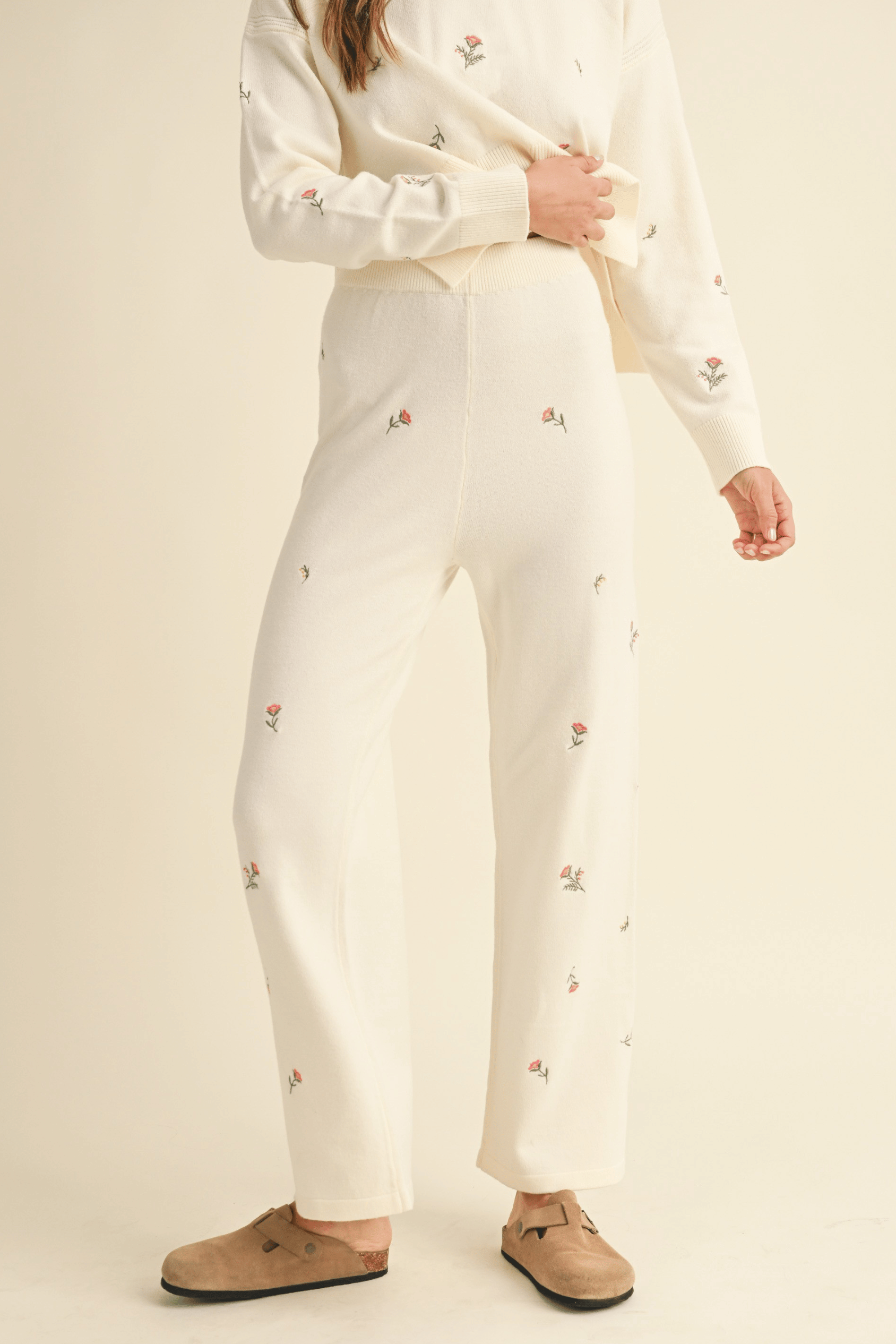 Embroidered Floral Knit Sweater and Pants Set