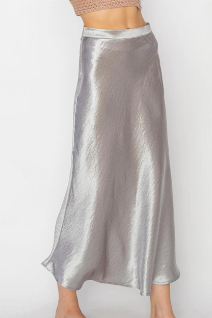 front side angle of the Lala satin midi skirt in the color silver 