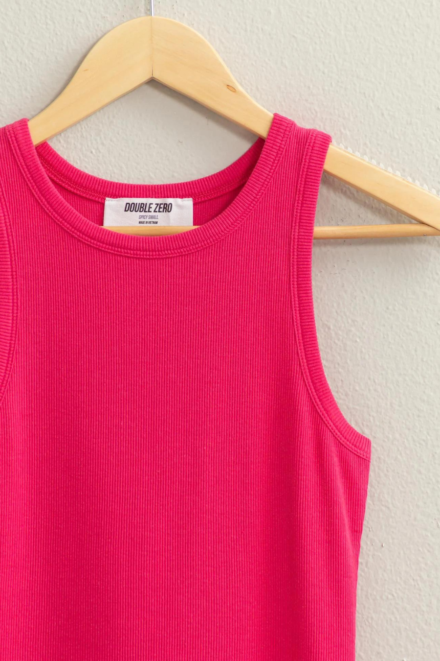 close up of pink ribbed tank top 