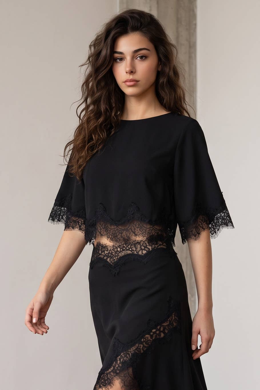 Lace Hem Twill Satin Cape Top